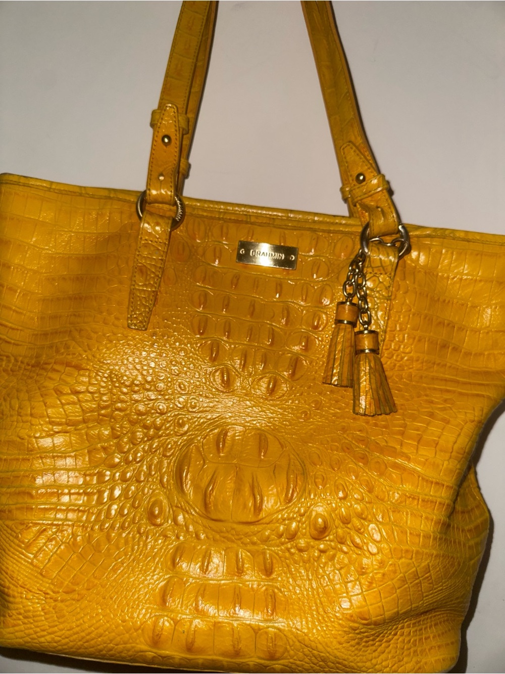 Brahmin Mustard Croc-Embossed Leather Tote with Tassel Charm